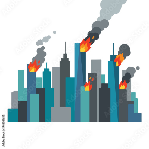 vector flat illustration of a damaged city hit by a missile attack 10
