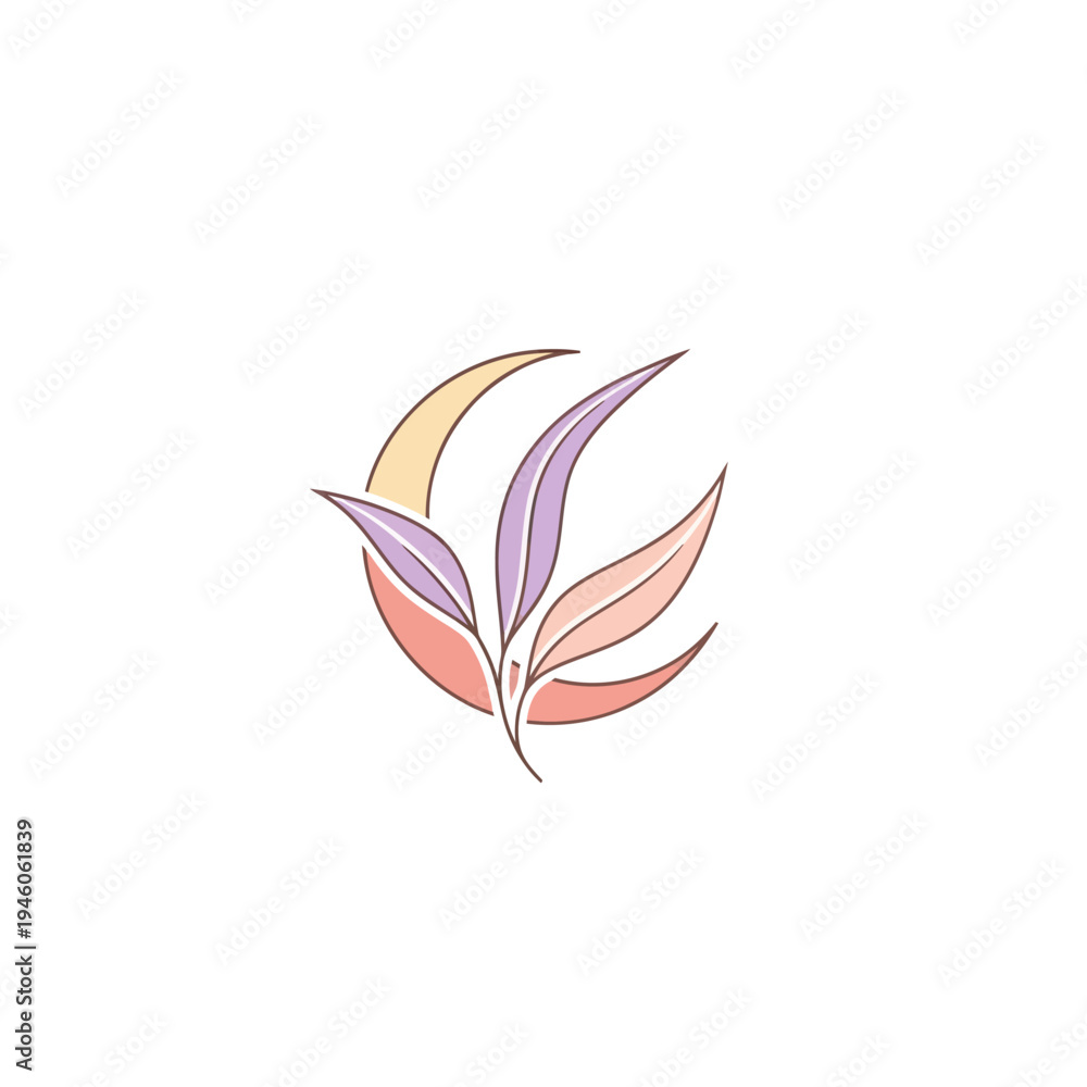 Obraz premium Abstract floral logo with pastel leaves and crescent moon design
