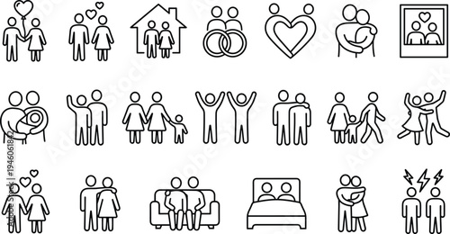 Family relationship line icon set, love couple parenting marriage symbols collection, social life editable stroke vector illustration pack