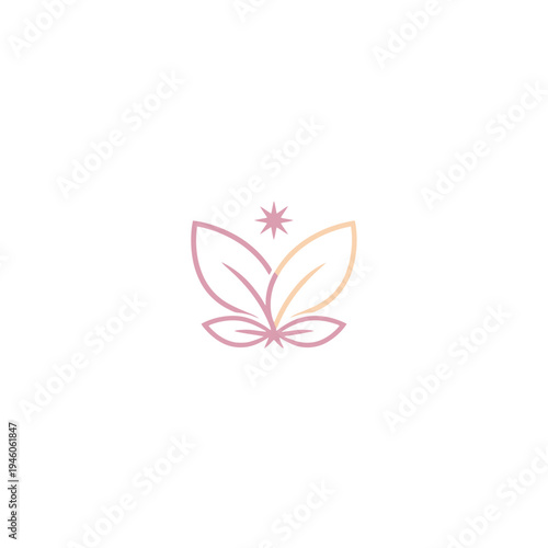 Abstract butterfly logo with delicate leaves and sparkle, minimalist emblem, gentle colors