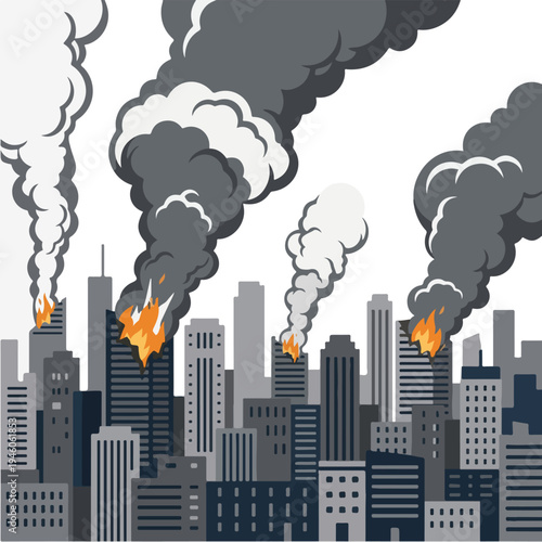 vector flat illustration of a damaged city hit by a missile attack 7