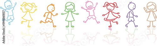 Happy children stick figure doodle set, colorful kids drawing characters, playful childhood cartoon illustration, fun school activity design