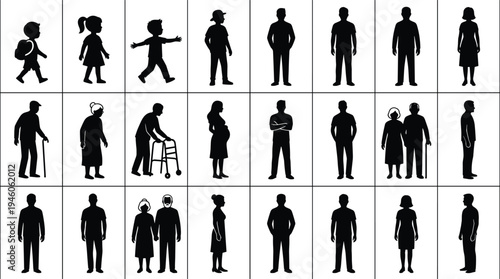 Human life stages silhouette collection, people aging process from child to elderly, family generation icons, demographic diversity illustration set