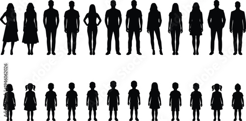Men women and children silhouette collection, family people figures set, human diversity group icons, crowd characters vector illustration
