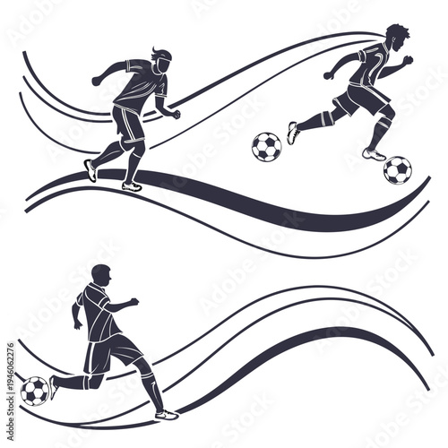 Vector illustration set of soccer players in dynamic action. Minimalist continuous line art composition featuring athletic figures and footballs. Banner design for World Cup events.