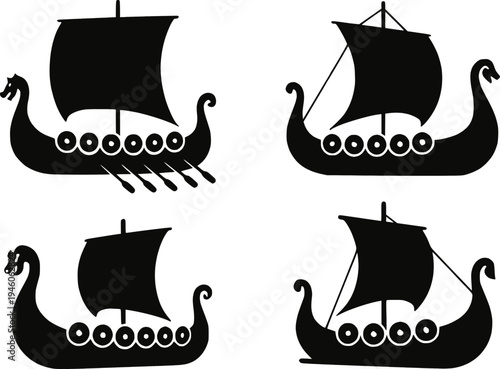 Viking ship silhouette set vector illustration