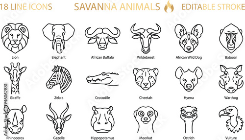 Savanna animals line icon set, African wildlife outline collection, lion elephant zebra cheetah safari editable stroke vector illustration