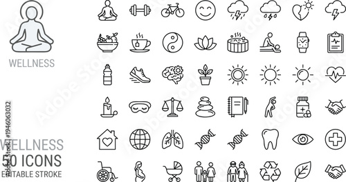 Wellness line icon set, health lifestyle symbols collection, meditation fitness nutrition medical care editable stroke vector illustration pack