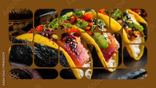 An atmosphere of refined gastronomic delight. The diversity of flavors and shapes creates a visual collage, inviting a leisurely tasting.