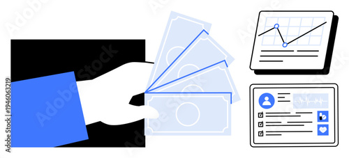 Hand presenting banknotes alongside graph data and personal information panels. Ideal for finance, budgeting, business growth, analytics, investments, payments, security. Simple flat metaphor