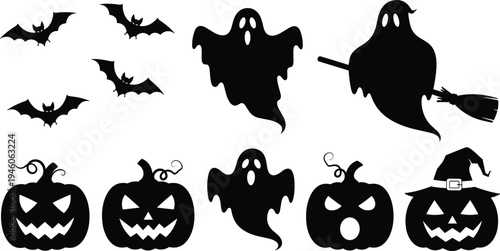 Halloween silhouette collection featuring spooky ghosts, carved pumpkins, flying bats, and witch ghost on broomstick, isolated icons for festive holiday design