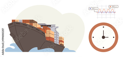 Global trade, supply chain, efficiency, time management, data analysis, and transportation. A cargo ship loaded with containers, a clock and a data graph. Global trade and supply chain concept