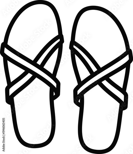 Simple black and white line art illustration of a pair of cross strap summer sandals