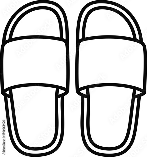 Simple black and white line art illustration of a pair of comfortable summer slide slippers