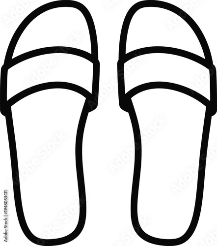 A simple black and white line drawing illustration of a pair of comfortable summer sandals or slides