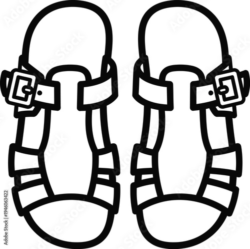 A simple black and white line art illustration of a pair of casual summer sandals with buckles.