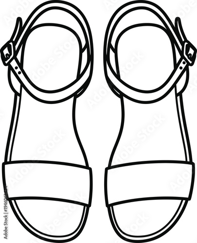 Simple black and white line art illustration of a pair of women's summer sandals with ankle straps.