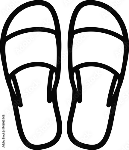 A simple black and white line art illustration of a pair of summer flip-flops or sandals.