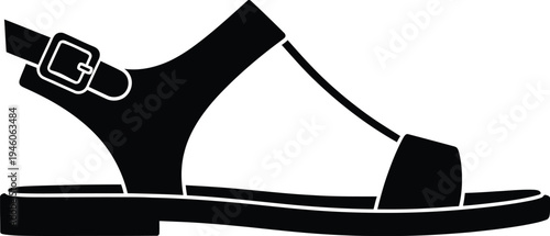 Black silhouette of a minimalist summer sandal with an adjustable buckle strap and flat sole.