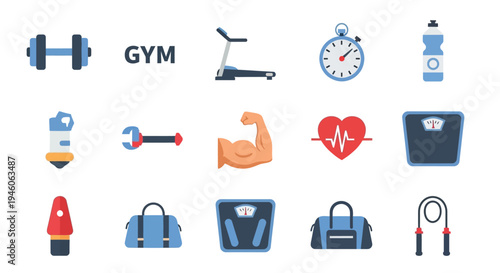 Fitness icons depicting gym equipment health metrics and athletic activities