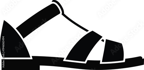 Black silhouette icon of a stylish summer sandal with straps and a flat sole for women