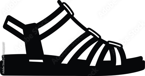Black and white icon of a comfortable summer sandal with multiple straps and a thick sole.