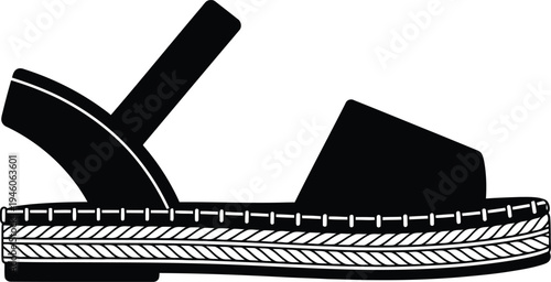 Silhouette of a stylish black espadrille sandal with a woven jute sole and an adjustable ankle strap