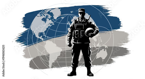 Warrior's Resolve Global Defense Concept with Soldier Silhouette and World Map