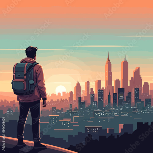 Adventurer gazes at urban landscape at sunrise, embracing future prospects and city exploration