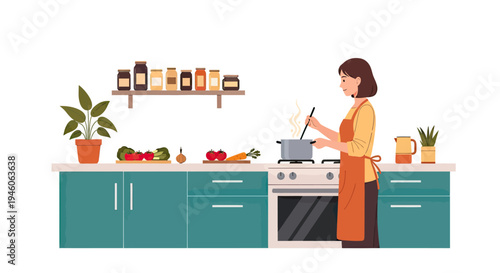 Woman preparing a healthy meal in a modern kitchen with fresh ingredients, cooking at home