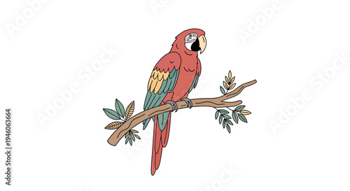 Vibrant Red Macaw Parrot Perched on a Lush Green Tree Branch Illustration