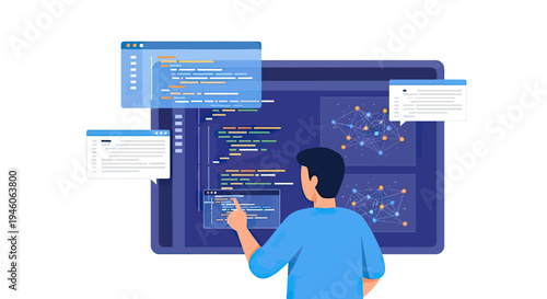 Software Developer Coding and Analyzing Data on a Large Screen