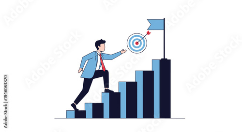 Businessman climbing steps to reach target goal and achieve success