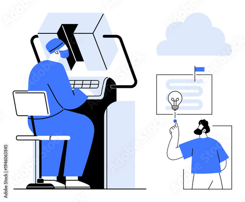 Innovation, technology, programming, design process, brainstorming, teamwork, software development. Programmer working at a computer person with a lightbulb idea. Innovation and technology concepts