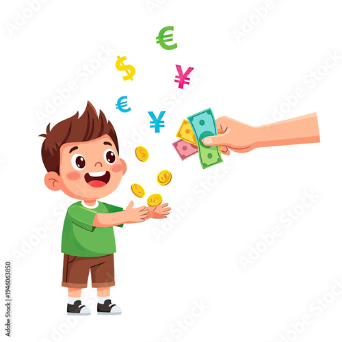 Happy child learns financial education and money saving habits for the future