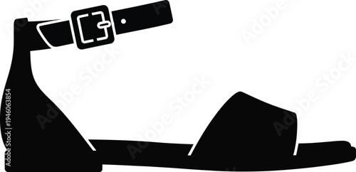 Black silhouette of a flat summer sandal with an adjustable ankle strap and a buckle.