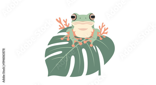 Adorable green frog illustration sitting serenely on a vibrant monstera leaf, a delightful tropical animal graphic
