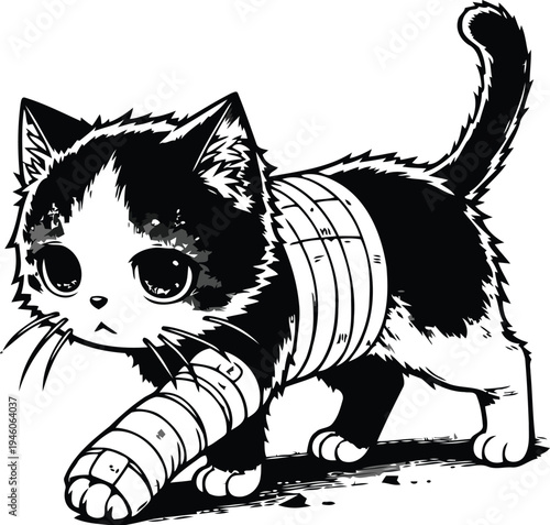 Vector illustration of a black and white kitten with a bandaged leg and eye patch