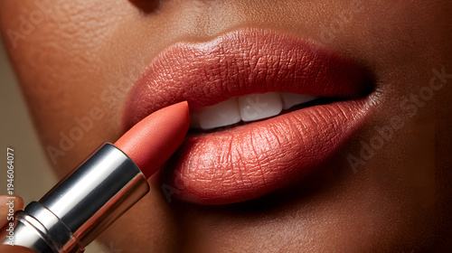 Applying Lipstick: An intimate view captures the delicate act of applying lipstick, showcasing smooth skin and emphasizing the art of cosmetic application.