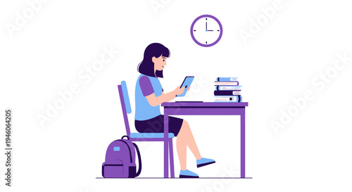 Young student focused on learning concept, studying with tablet at a desk