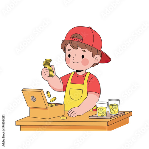 Happy Young Entrepreneur Counts Coins from Successful Lemonade Stand Earnings