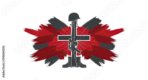 Symbolic Tribute to Fallen Soldiers with Memorial Cross and Weaponry Design