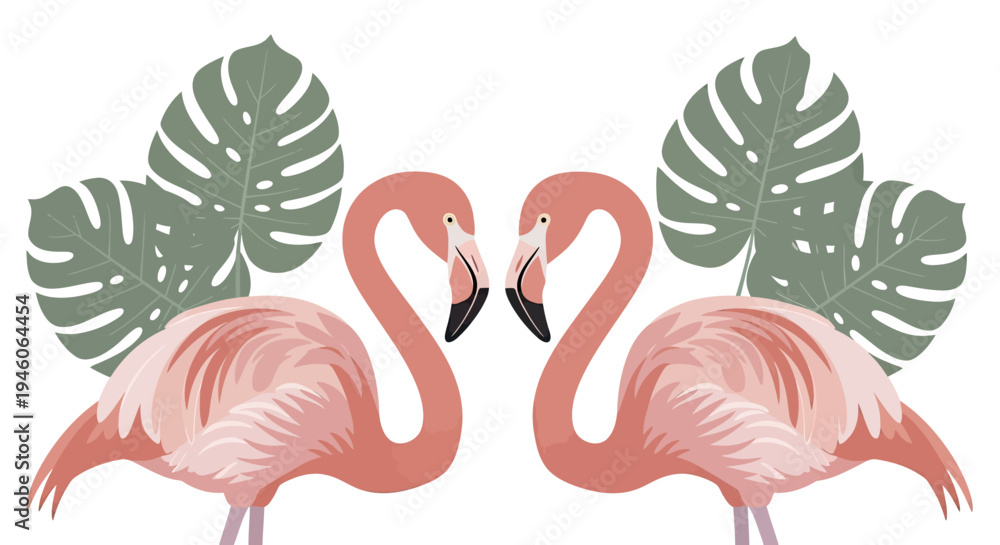 Obraz premium Tropical Flamingo Love Birds Illustration Forming a Heart Shape with Exotic Leaves