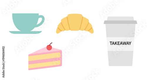 Flat vector icons coffee, tea, croissant, and cake for breakfast or cafe