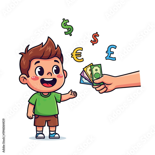 Cheerful Child Excitedly Receiving Various Currencies for Financial Learning
