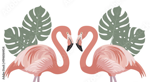 Tropical Flamingo Love Birds Illustration Forming a Heart Shape with Exotic Leaves