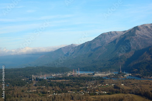 Bonneville Dam and Hydroelectic power station lying on the Columbia river which runs between the states of Oregon and Washington.