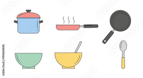 Versatile Collection of Kitchen Utensils for Cooking and Meal Preparation in a Flat Line Art Style