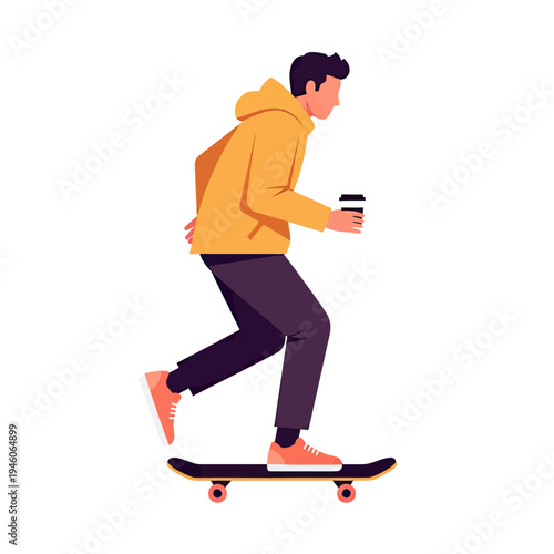 Casual Skateboarder with Beverage, Reflecting Active Urban Lifestyle