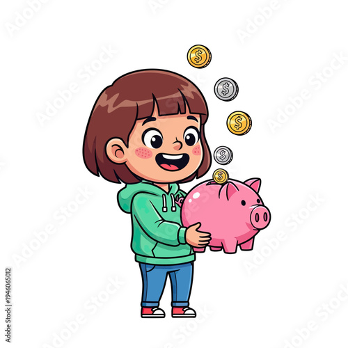 Cheerful child actively learning to save money with a piggy bank, fostering financial responsibility early